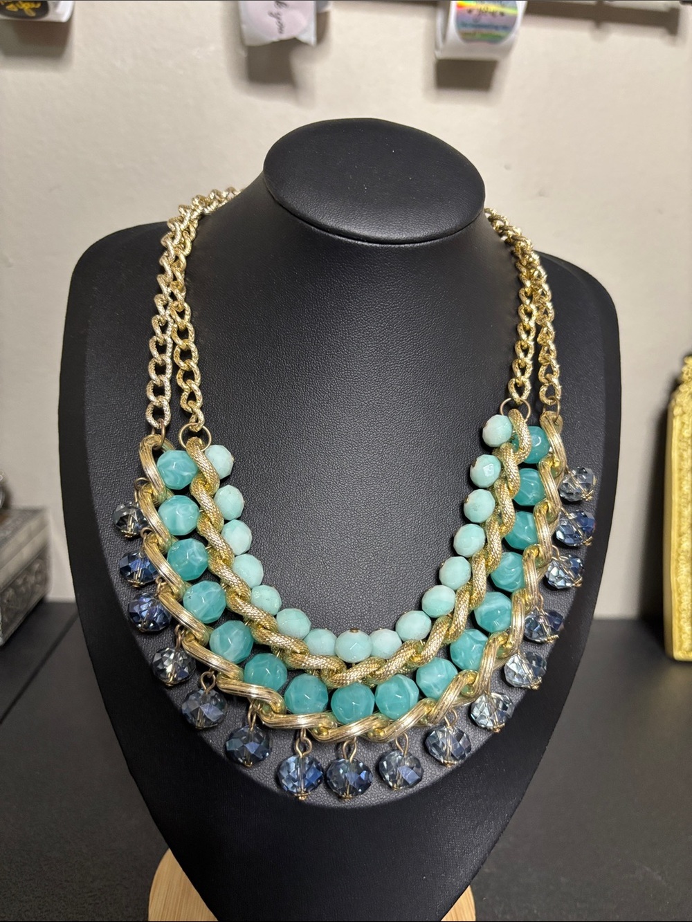 Boho Gold Multi-Strand Statement Collar Necklace Aqua Navy Beads